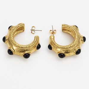Vintage Gold-Tone Dome Earrings with Black Cabochon Accents
